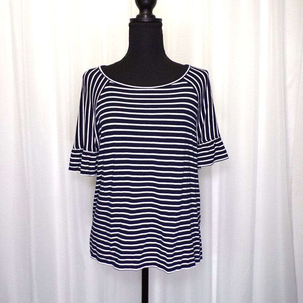Max Studio London Womens Top Large Tunic Blue White Striped Flared Sleeve Casual